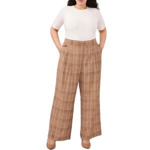 Vince Camuto Pants Tan Brown Plaid Pleated Wide Leg Office Wear Full Length 18W
